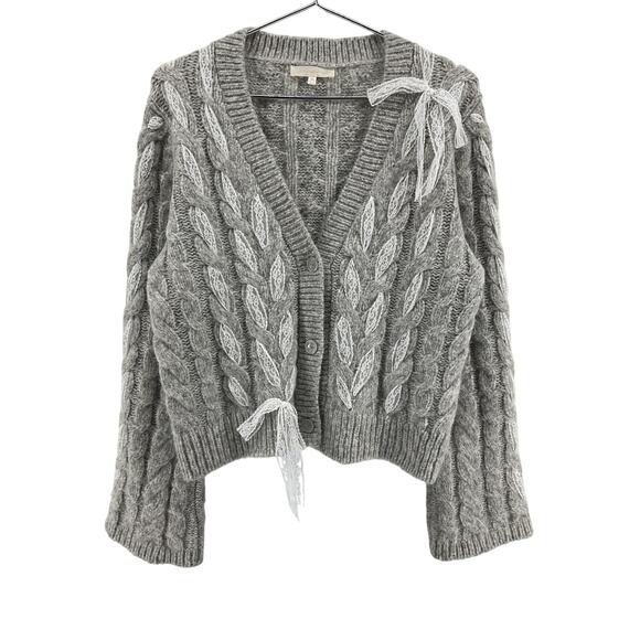 Loveshackfancy 'Louella' Silver Alpaca Cable Knit Cardigan Size XL - Picture 2 of 6